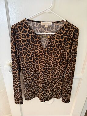 Michael Kors Leopard-Print Long Sleeve Tee in Brown and Black